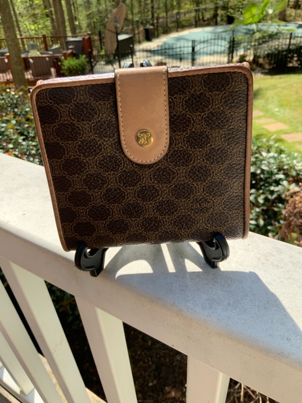Celine Brown Patterned Leather Compact Wallet with Tan Trim - Picture 2 of 16
